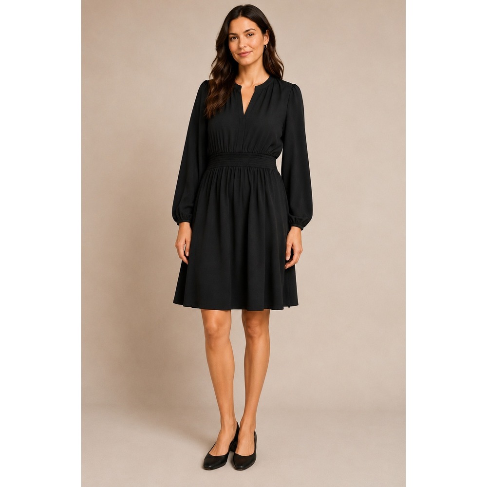 Boden Dress US 20-22 Black Smocked Waist V-Neck Pockets Cotton Tencel D1380